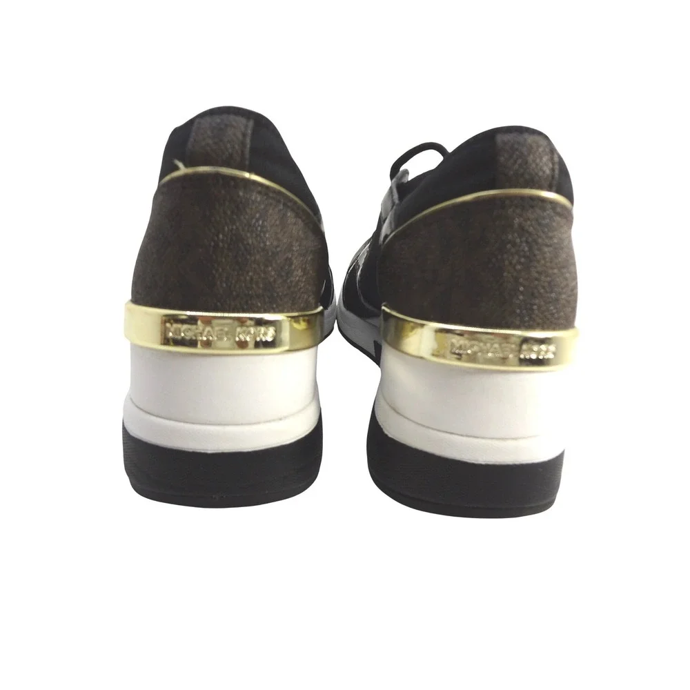 Michael Kors Women's 7M Liv Mixed Media Trainer Black Wedge Sneakers Gold Accent